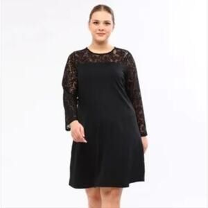 🚨NEW CATHERINES Black Lace Insert Jersey Knit A-Line Dress Formal Plus Sz 2X